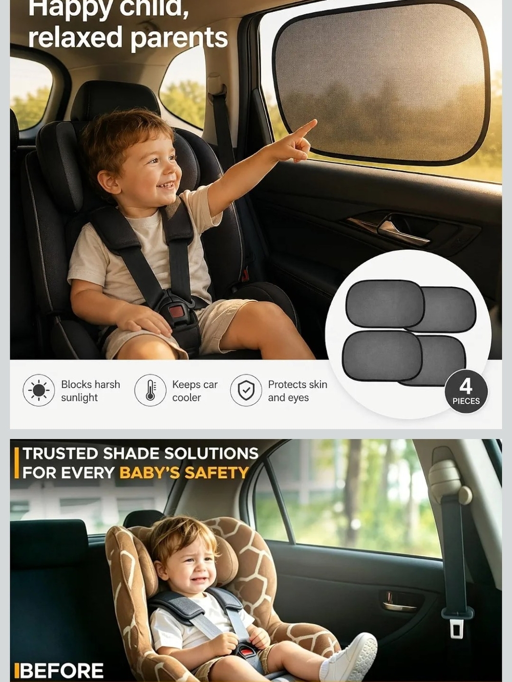 Car Window Sun Shade for Kids - Black (4-Pack)